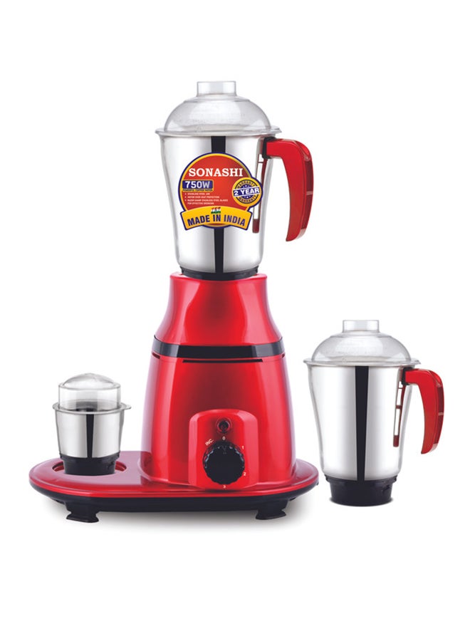 3-in-1 Mixer Grinder with Copper Motor - 3 Speed, 3 Stainless Steel 1.75L 1.0 L Dry And 0.5L Jars for Wet/Dry Grinding Liquidizing with Durable Lids 750 W SB-193 Red