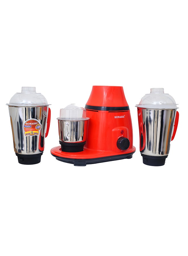 3-in-1 Mixer Grinder with Copper Motor - 3 Speed, 3 Stainless Steel 1.75L 1.0 L Dry And 0.5L Jars for Wet/Dry Grinding Liquidizing with Durable Lids 750 W SB-193 Red