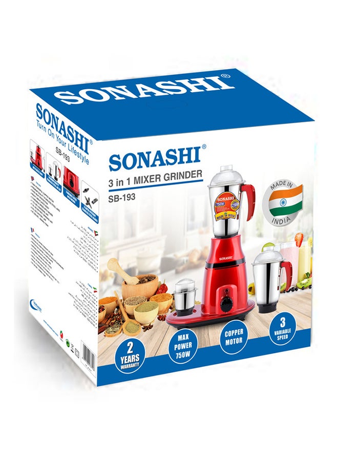 3-in-1 Mixer Grinder with Copper Motor - 3 Speed, 3 Stainless Steel 1.75L 1.0 L Dry And 0.5L Jars for Wet/Dry Grinding Liquidizing with Durable Lids 750 W SB-193 Red