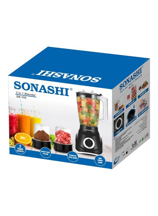 3-in-1 Blender / Grinder & Mincer | 600W |1.8L Unbreakable Jar, Grinding & Chopping Cups |6 Pcs Stainless Steel Blades, 2-Speed & Pulse Setting | Overheat Protection| Best for Spice Grinding, Smoothie Making, Mincing & Blending | SB-195 Blue 1.5 L 600 W SB-195 - BLUE Blue