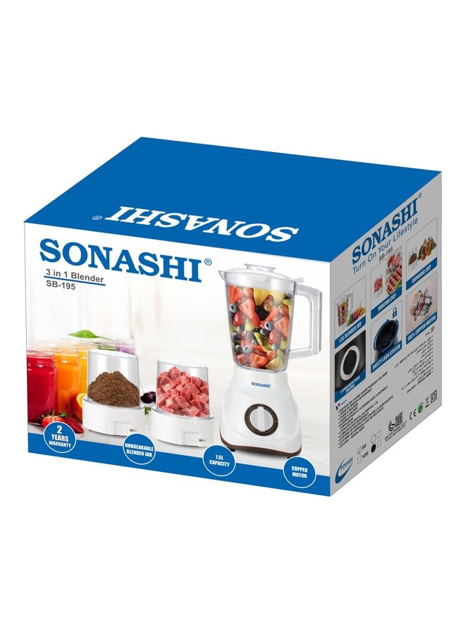 3-in-1 Blender / Grinder & Mincer | 600W |1.8L Unbreakable Jar, Grinding & Chopping Cups |6 Pcs Stainless Steel Blades, 2-Speed & Pulse Setting | Overheat Protection| Best for Spice Grinding, Smoothie Making, Mincing & Blending | SB-195 Black 1.5 L 600 W SB-195 Black