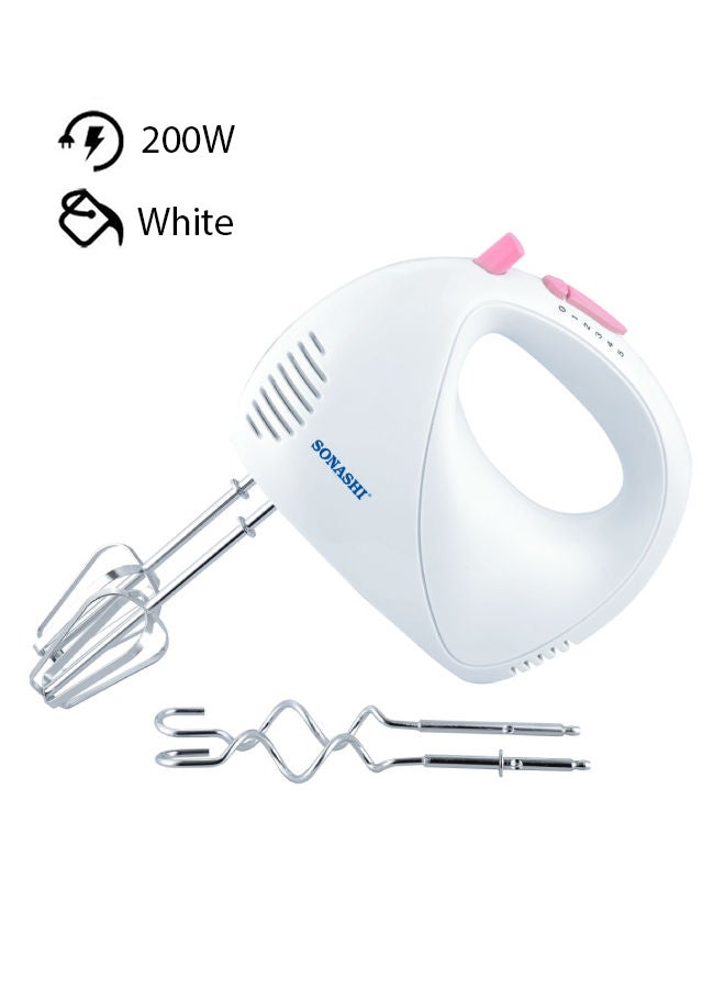 Hand Mixer with 5 Speeds - Turbo Switch | Twin Stainless Steel Kneader And Beater For Mixing, Whipping, Whisking and Kneading | Super-sleek Durable And Resistant To Rust 200 W SMX-144 White