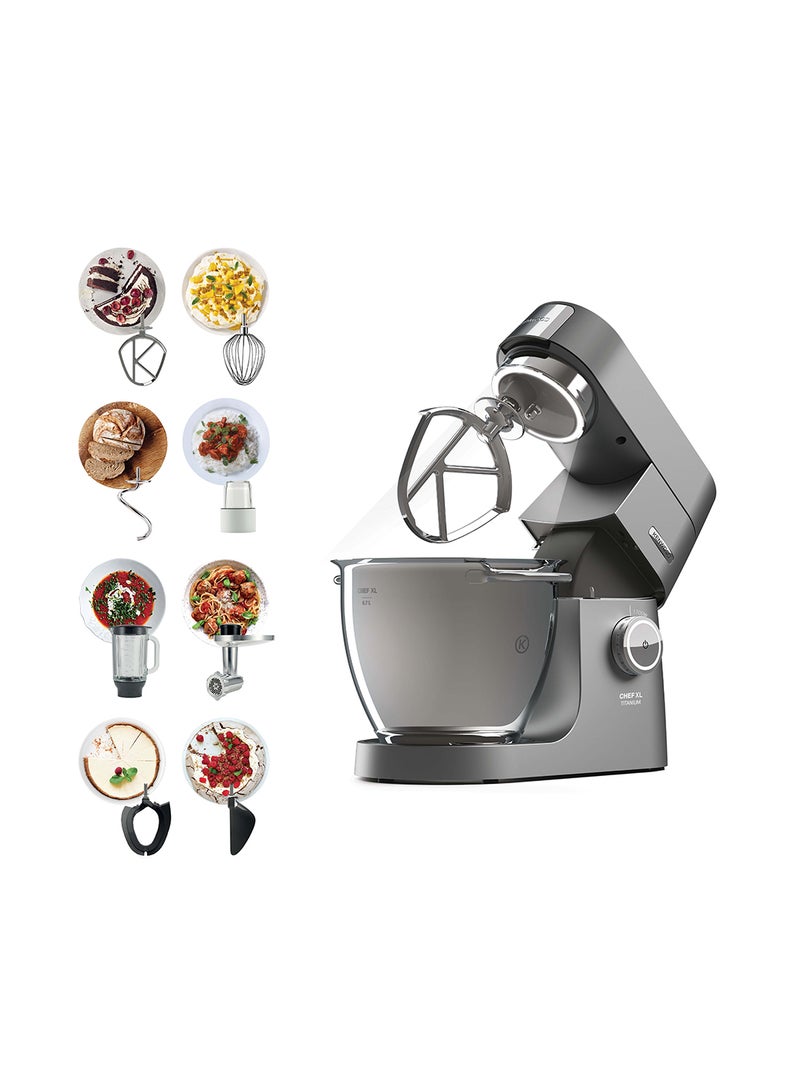 Kenwood Stand Mixer Kitchen Machine Chef XL Titanium  With  SS Bowl, K-Beater, Whisk, Dough Hook, Creaming Beater, Folding Tool, Glass Blender, Meat Grinder, Grinder Mill 1700.0 W KVL8430 Grey