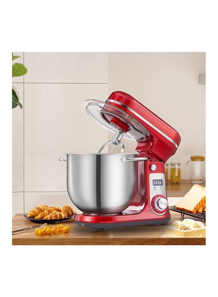 Biolomix Stand Mixer, Super Quiet 6L Kitchen Electric Stand Mixer, 6- Speed Dough Kneader Cake Bread Mixer with LCD Display Timer with Dough Hook, Beater, Whisk-Red