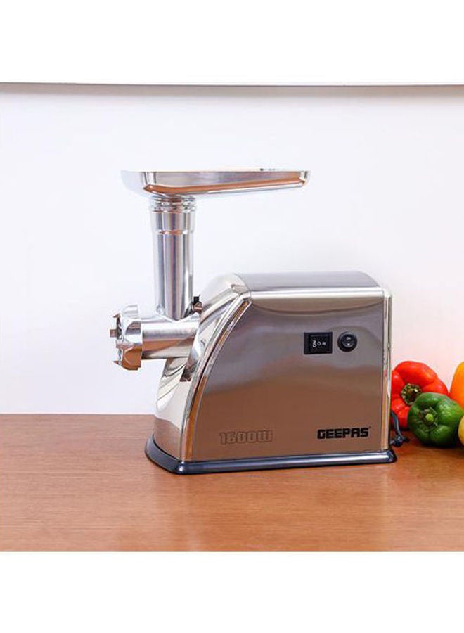 Meat Grinder Electric Aluminum Gearbox - 3 Metal Stainless Steel Cutting Plates, Accessories, Metal Gears, Stainless Steel Blade 1 kg 1600 W GMG1909 Silver