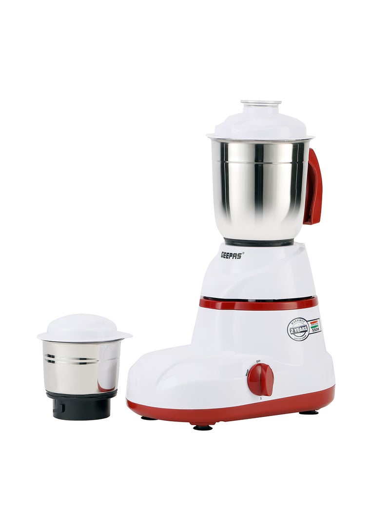 2-In-1 Juicer And Mixer Grinder, Powerful Motor, Harmonic Grinding Technology , Stainless Steels Jars, Swirl Control, Dry & Wet Grinding Blades, 3 Speed Control, Overload Protection, Non Slip Feet. 1.5 L 550.0 W GSB5456N White/Red