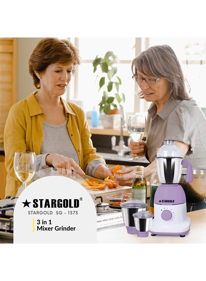 600 Watts Mixer Grinder with 3 Stainless Steel Liquidising, Dry Grinding and Chutney Jar, Multi-Purpose Dry Wet Grinder for Masala, Spices, Nut Butters, Chutneys & More – Purple