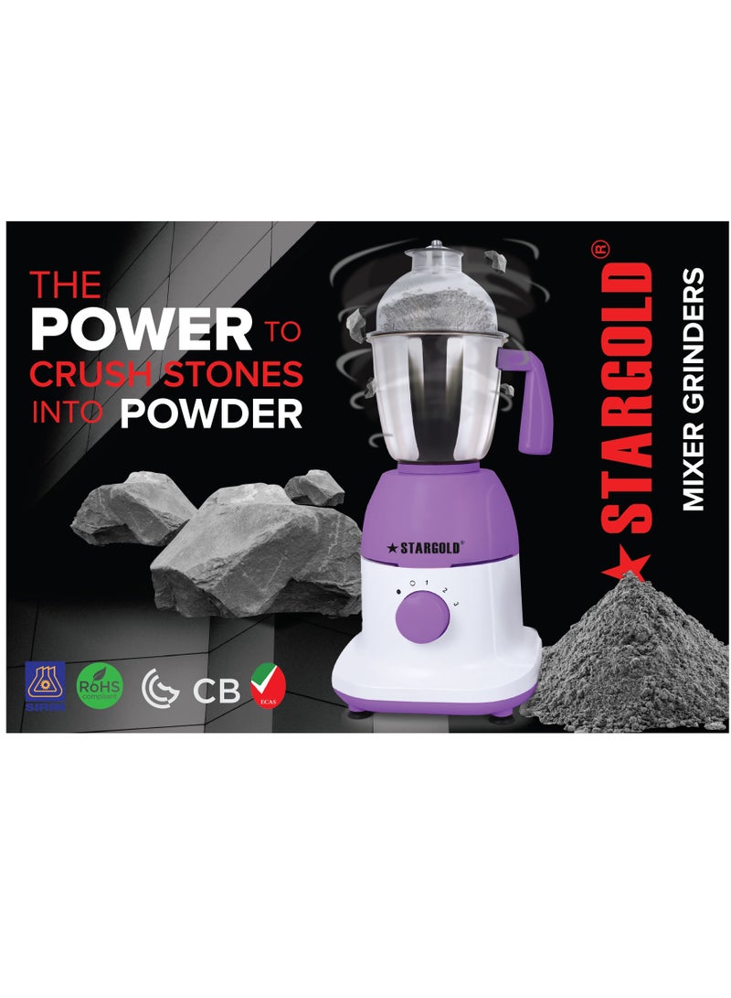 600 Watts Mixer Grinder with 3 Stainless Steel Liquidising, Dry Grinding and Chutney Jar, Multi-Purpose Dry Wet Grinder for Masala, Spices, Nut Butters, Chutneys & More – Purple