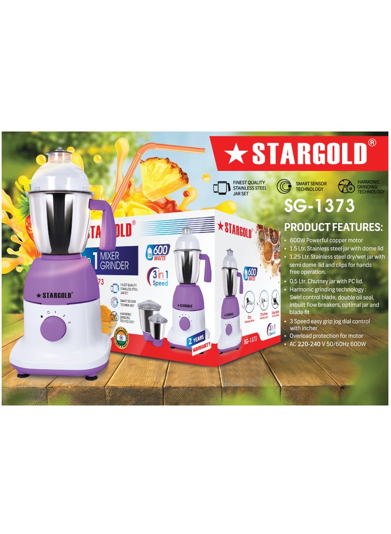600 Watts Mixer Grinder with 3 Stainless Steel Liquidising, Dry Grinding and Chutney Jar, Multi-Purpose Dry Wet Grinder for Masala, Spices, Nut Butters, Chutneys & More – Purple