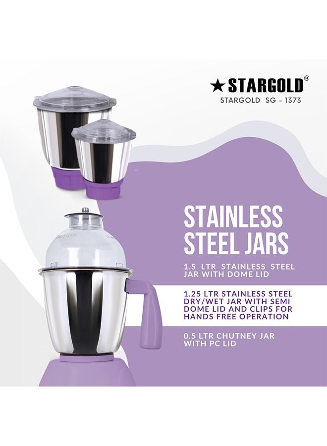 600 Watts Mixer Grinder with 3 Stainless Steel Liquidising, Dry Grinding and Chutney Jar, Multi-Purpose Dry Wet Grinder for Masala, Spices, Nut Butters, Chutneys & More – Purple