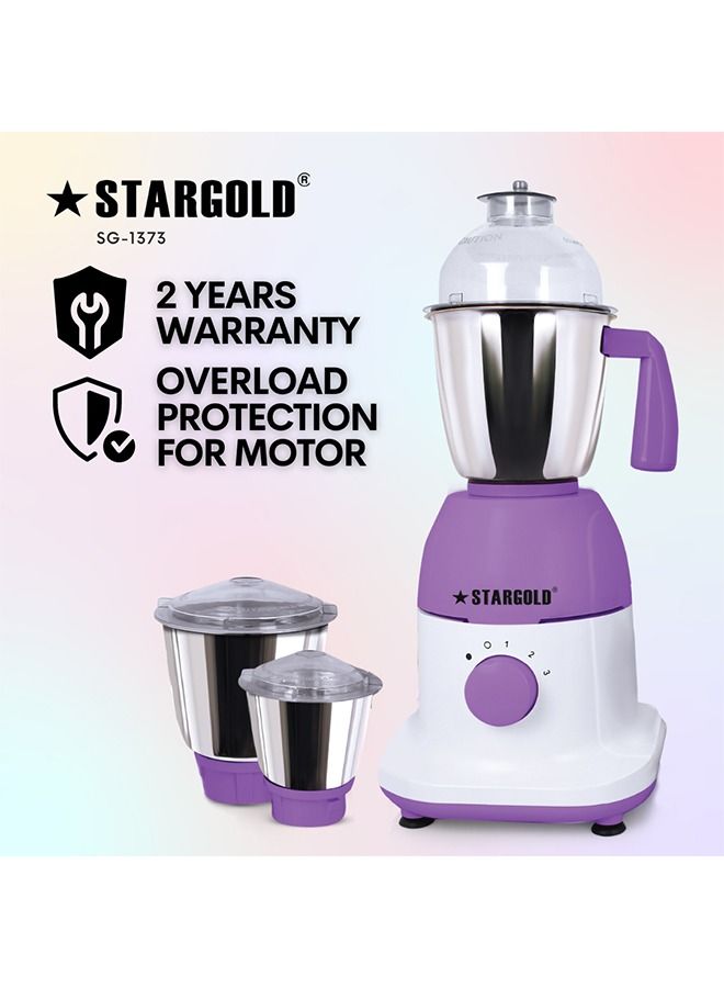 600 Watts Mixer Grinder with 3 Stainless Steel Liquidising, Dry Grinding and Chutney Jar, Multi-Purpose Dry Wet Grinder for Masala, Spices, Nut Butters, Chutneys & More – Purple