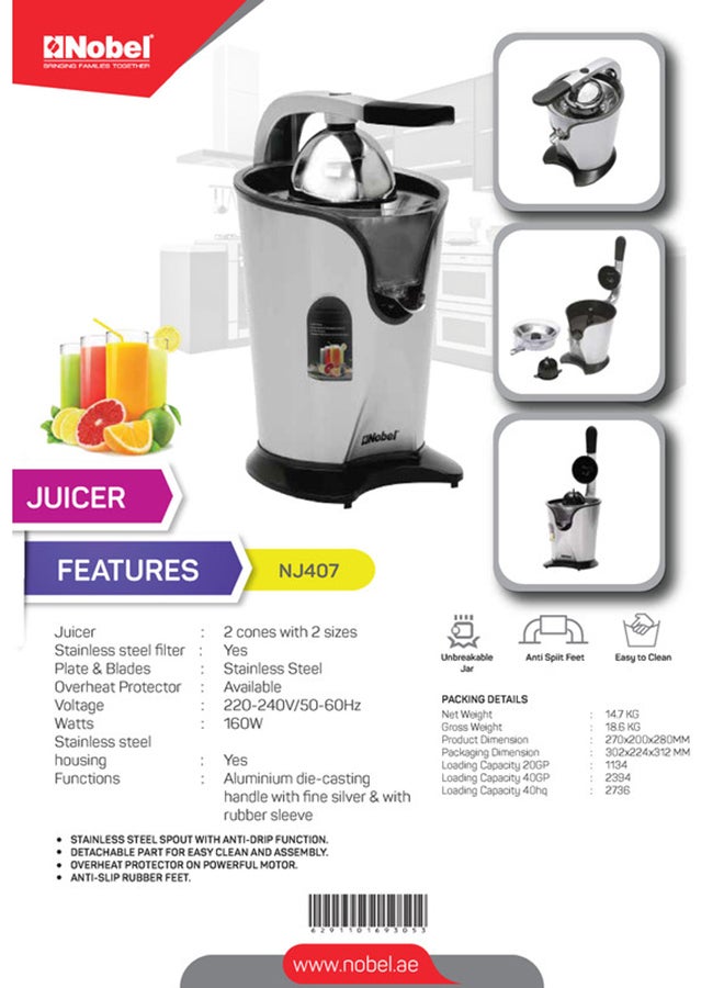 Portable Handle Juicer 2 Cones with 2 Sizes Stainless Steel Filter, Overheat Protection Anti Slip Feet 2.0 L 160.0 W NJ407 Silver & Black