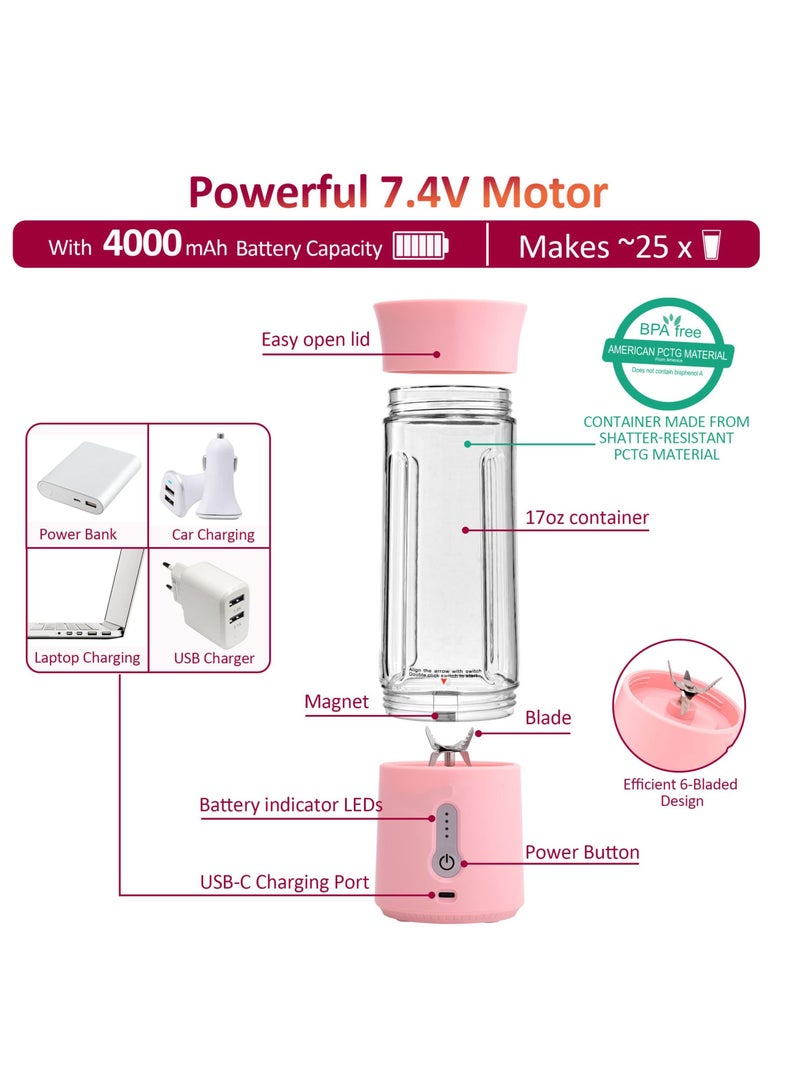 SYOSI Portable Blender, Shakes and Smoothies Blender Rechargeable Personal Blender 17oz Mini Blender with Strong Stainless Steel Blades, and Powerful Motor for Travel, Office & Sports (Pink)