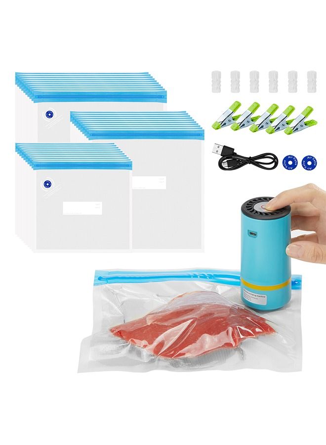 INKBIRD Food Vacuum Pump Electric Vacuum Sealer Zipper Bag for Anova and Joule Cookers 30PCS BPA Free Reusable Vacuum Seal Food Storage Bags 5 Cooking Clips 6 Sealing Clips 2 Replacement Air Valves