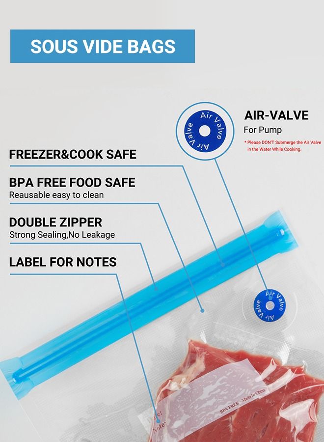INKBIRD Food Vacuum Pump Electric Vacuum Sealer Zipper Bag for Anova and Joule Cookers 30PCS BPA Free Reusable Vacuum Seal Food Storage Bags 5 Cooking Clips 6 Sealing Clips 2 Replacement Air Valves