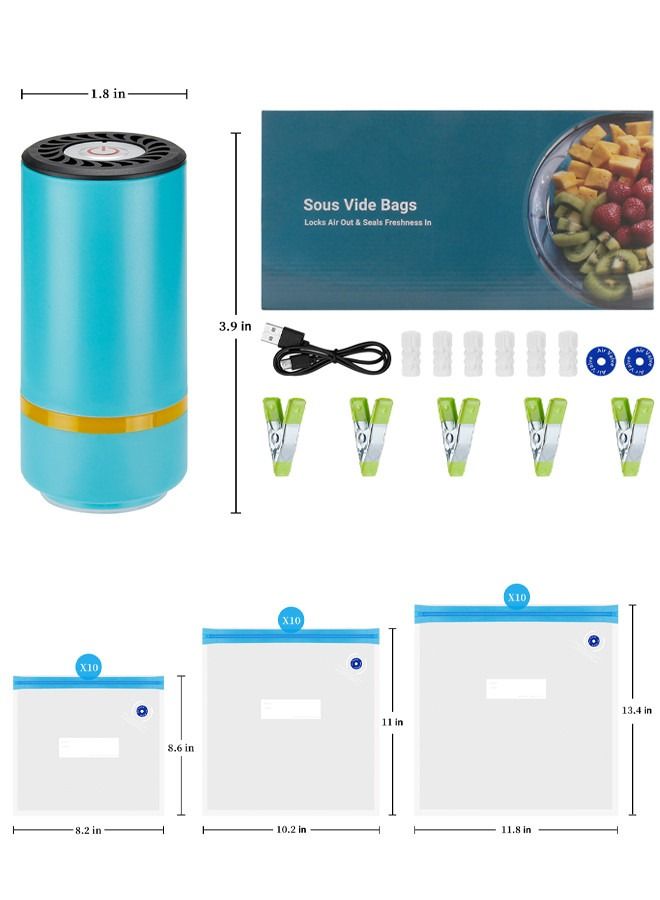 INKBIRD Food Vacuum Pump Electric Vacuum Sealer Zipper Bag for Anova and Joule Cookers 30PCS BPA Free Reusable Vacuum Seal Food Storage Bags 5 Cooking Clips 6 Sealing Clips 2 Replacement Air Valves