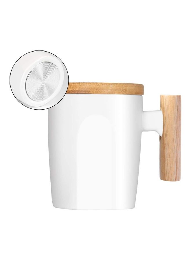 Flat Bottom Coffee Mug with Wood Lid and Handle White/Beige
