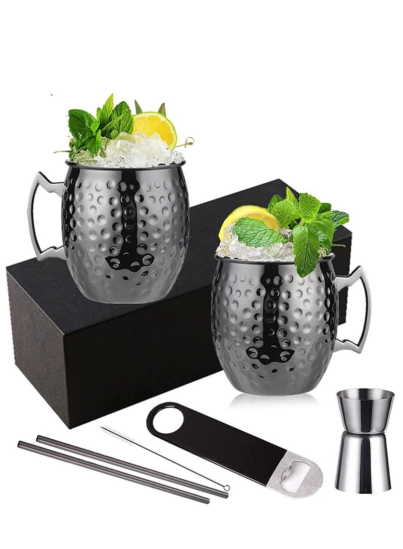 Moscow Mule Mugs Large Lined Mascow Mule Cups Set 18oz Black Plated Stainless Steel Mugs Bulk Food Safe Hammered Mug for Chilled Cold Drinks Home Drinkware (2 Packs Black)