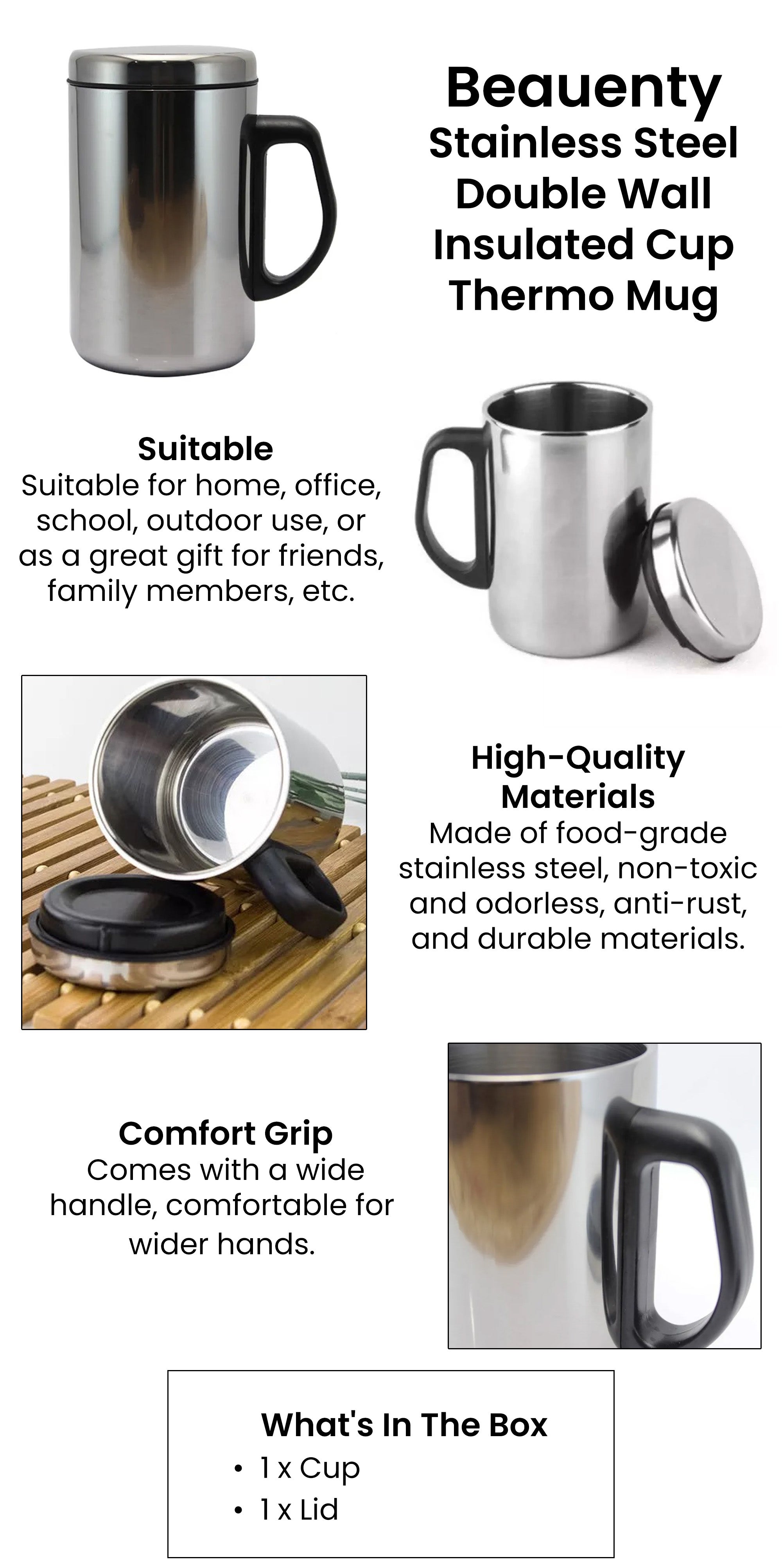 Stainless Steel Double Wall Insulated Cup Thermo Mug Silver/Black