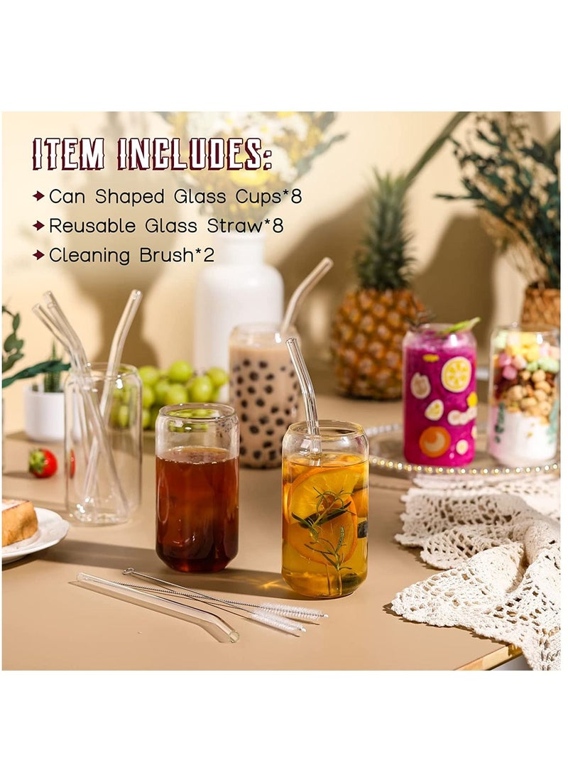 [8pcs Set] Drinking Glasses with Glass Straw 16oz Can Shaped Glass Cups Glasses Iced Coffee Glasses Cute Tumbler Cup Ideal for Whiskey Soda Tea Water Gift 2 Cleaning Brushes