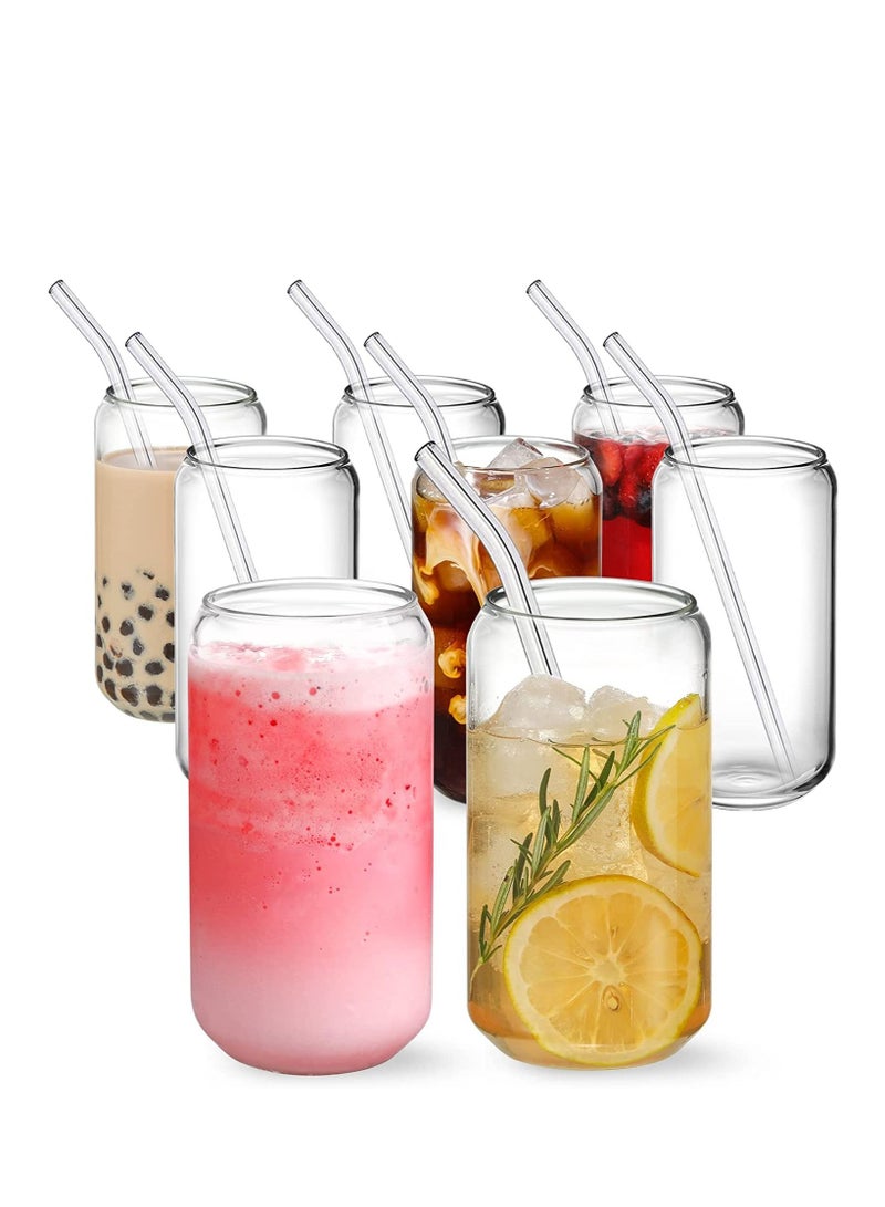 [8pcs Set] Drinking Glasses with Glass Straw 16oz Can Shaped Glass Cups Glasses Iced Coffee Glasses Cute Tumbler Cup Ideal for Whiskey Soda Tea Water Gift 2 Cleaning Brushes