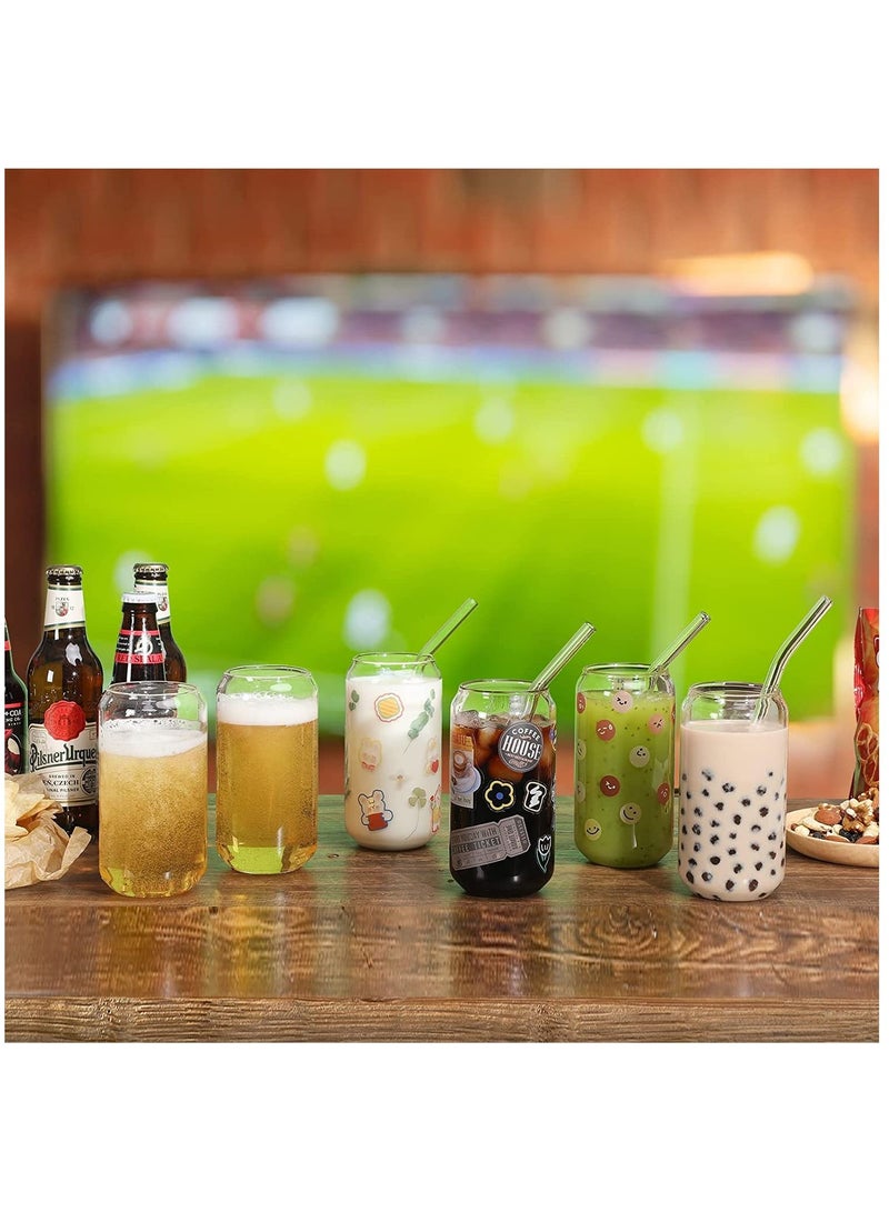 [8pcs Set] Drinking Glasses with Glass Straw 16oz Can Shaped Glass Cups Glasses Iced Coffee Glasses Cute Tumbler Cup Ideal for Whiskey Soda Tea Water Gift 2 Cleaning Brushes