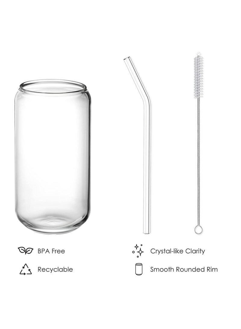 [8pcs Set] Drinking Glasses with Glass Straw 16oz Can Shaped Glass Cups Glasses Iced Coffee Glasses Cute Tumbler Cup Ideal for Whiskey Soda Tea Water Gift 2 Cleaning Brushes