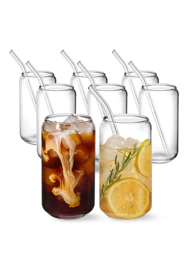 [8pcs Set] Drinking Glasses with Glass Straw 16oz Can Shaped Glass Cups Glasses Iced Coffee Glasses Cute Tumbler Cup Ideal for Whiskey Soda Tea Water Gift 2 Cleaning Brushes