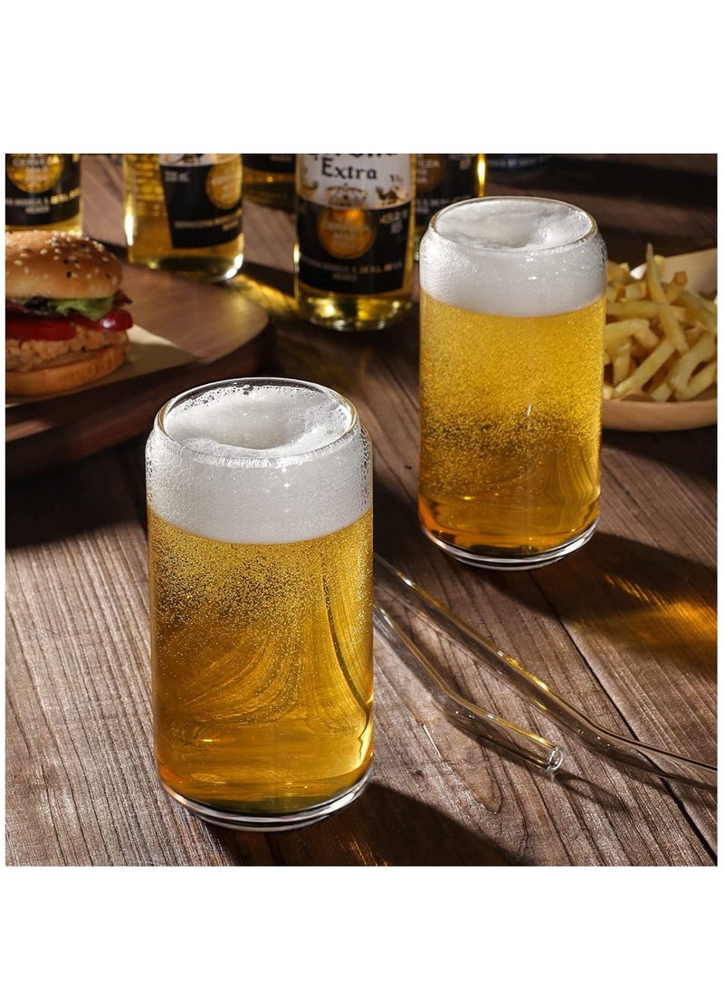 [8pcs Set] Drinking Glasses with Glass Straw 16oz Can Shaped Glass Cups Glasses Iced Coffee Glasses Cute Tumbler Cup Ideal for Whiskey Soda Tea Water Gift 2 Cleaning Brushes