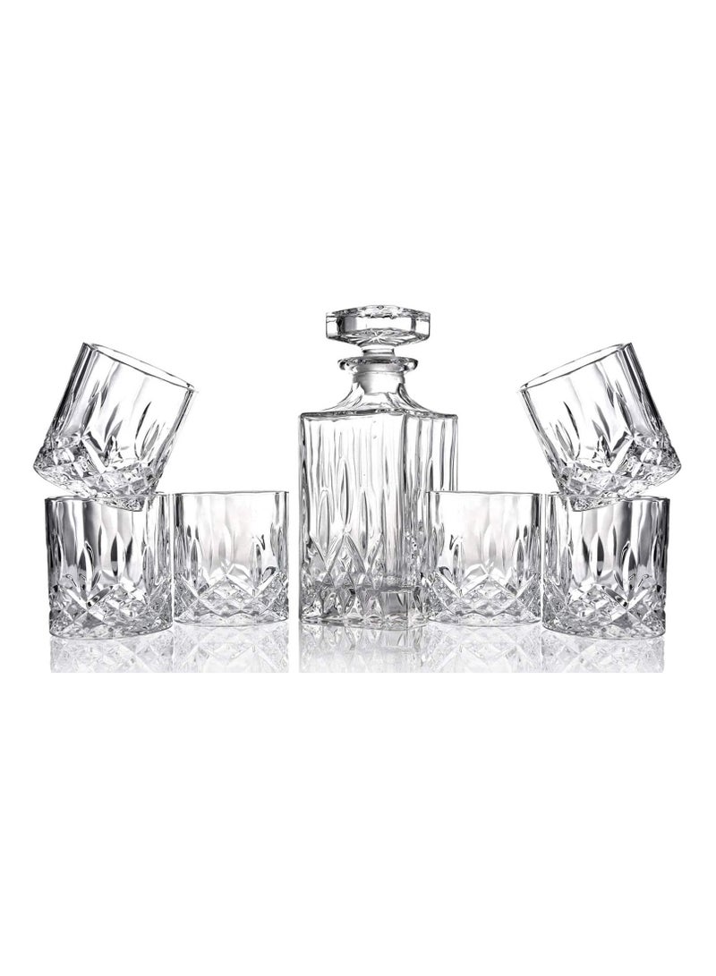 7 Piece Decorative Whiskey Decanter Set with Top-Lead Free Glass for Scotch, Bourbon, Cognac