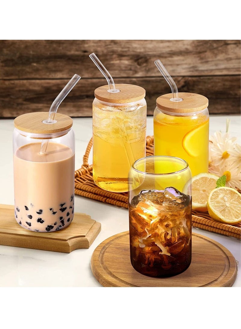 Drinking Glasses Can Shaped with Bamboo Lids and Glass Straw 4pcs Set - 16oz (600ml) Coffee Soda Glass Beer Glasses Iced Coffee Glasses Cute Tumbler Cup Heat-Resistant Drink Glass