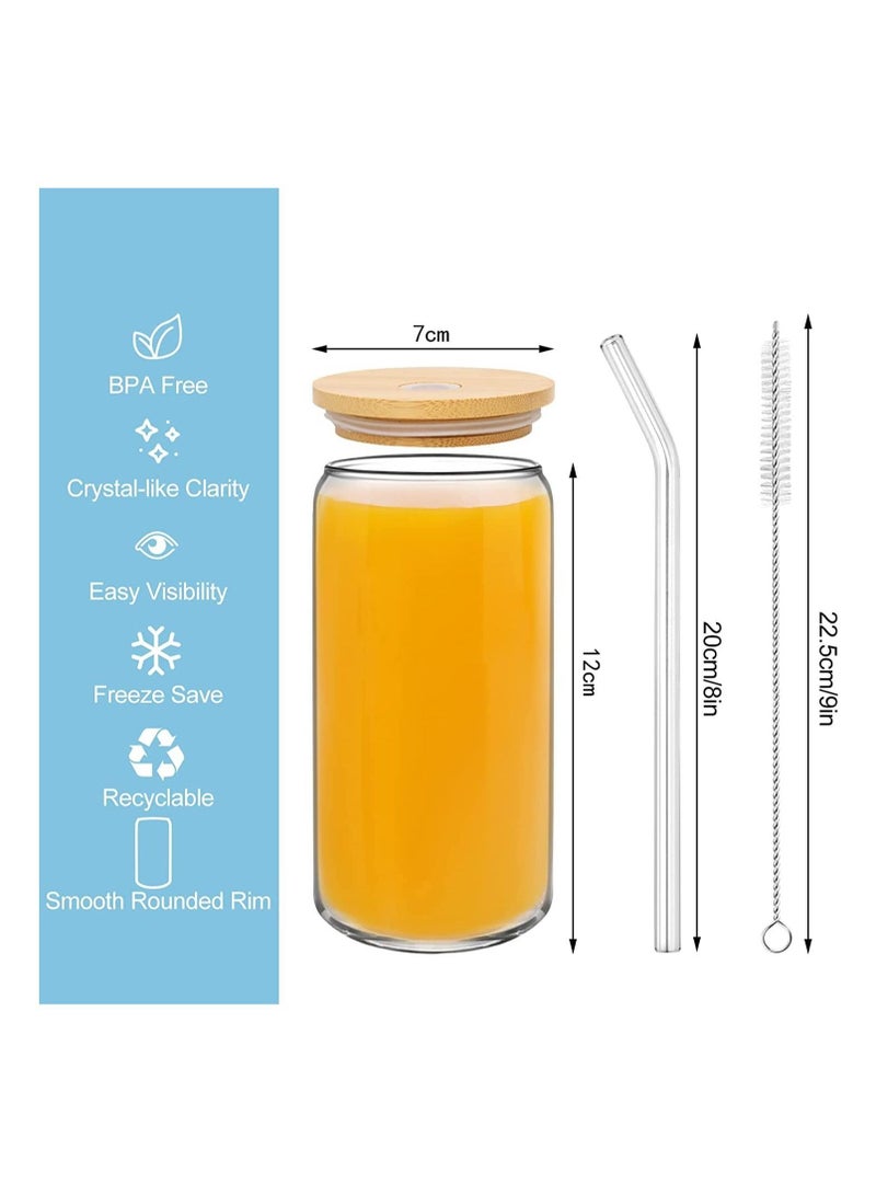 Drinking Glasses Can Shaped with Bamboo Lids and Glass Straw 4pcs Set - 16oz (600ml) Coffee Soda Glass Beer Glasses Iced Coffee Glasses Cute Tumbler Cup Heat-Resistant Drink Glass