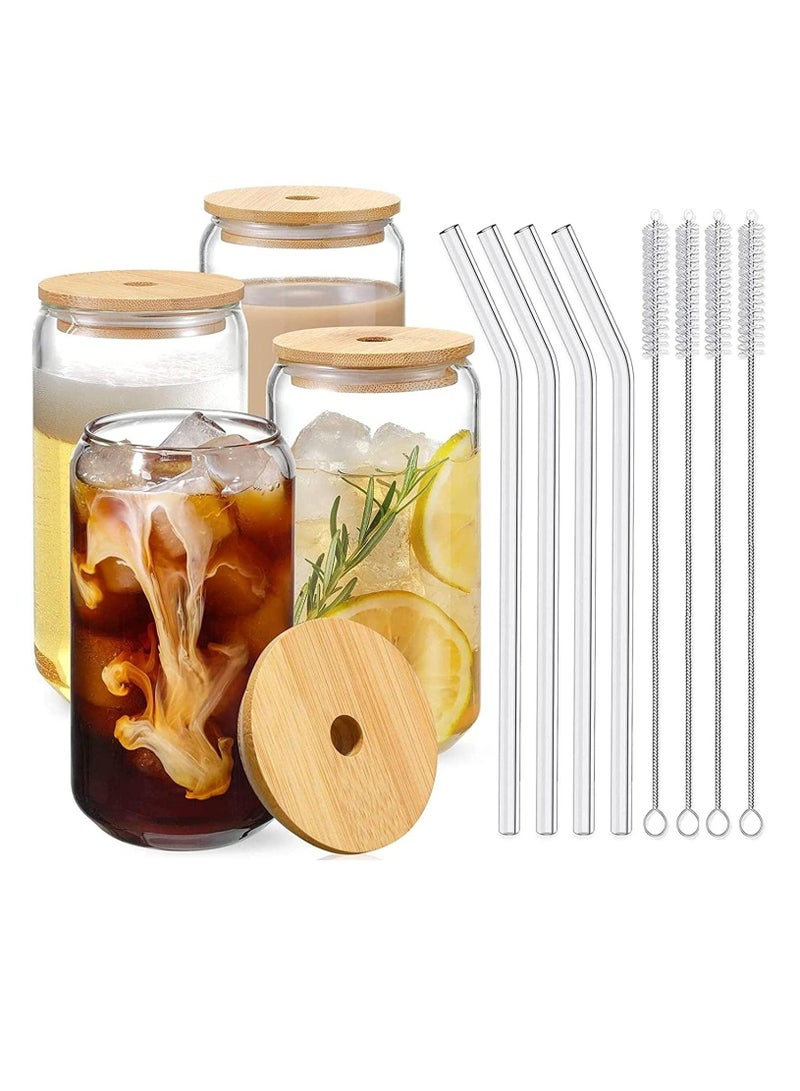 Drinking Glasses Can Shaped with Bamboo Lids and Glass Straw 4pcs Set - 16oz (600ml) Coffee Soda Glass Beer Glasses Iced Coffee Glasses Cute Tumbler Cup Heat-Resistant Drink Glass