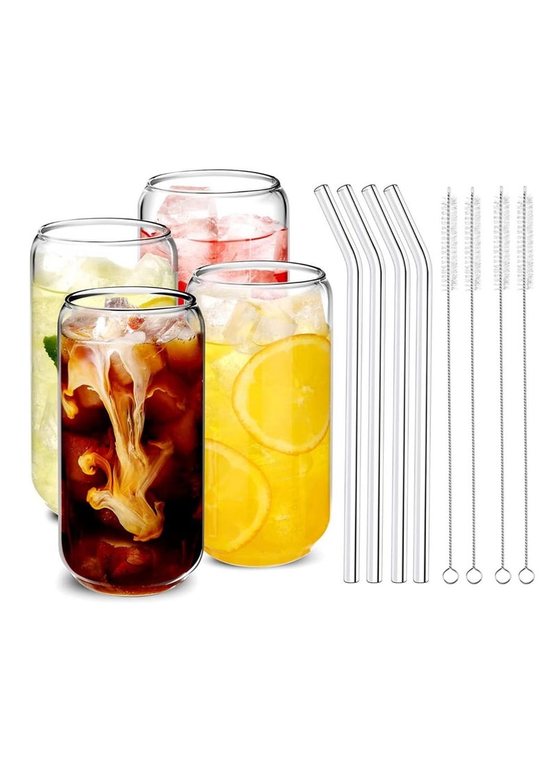 Drinking Glass with Glass Straw and Cleaning Brushes 4pcs Set 16oz Can Shaped Glass Cups Iced Coffee Glasses Cute Tumbler Cup Ideal for Soda Tea Water Gift