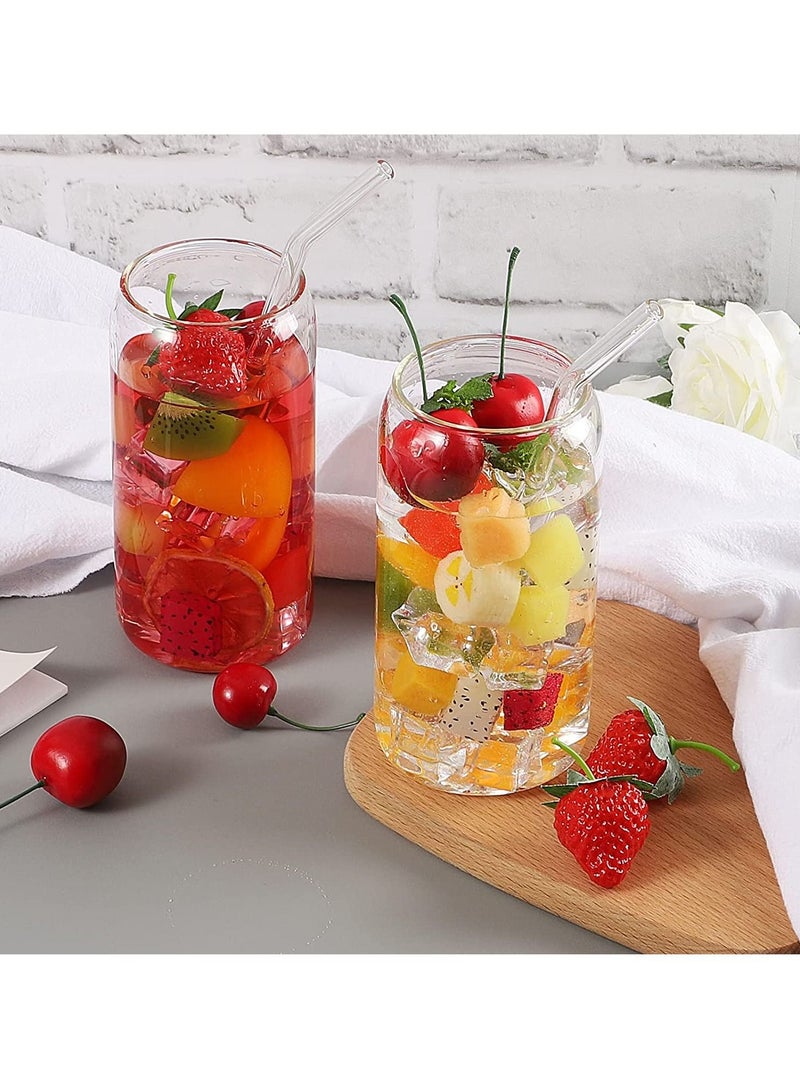 Drinking Glass with Glass Straw and Cleaning Brushes 4pcs Set 16oz Can Shaped Glass Cups Iced Coffee Glasses Cute Tumbler Cup Ideal for Soda Tea Water Gift