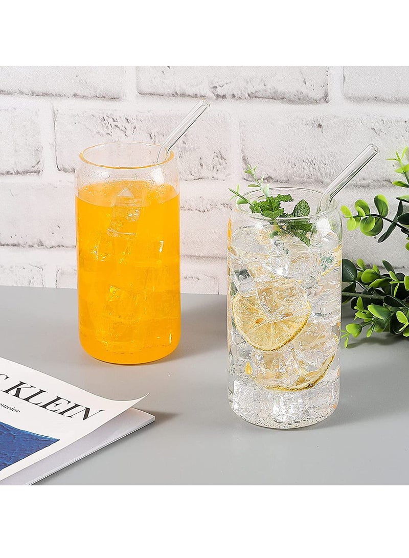 Drinking Glass with Glass Straw and Cleaning Brushes 4pcs Set 16oz Can Shaped Glass Cups Iced Coffee Glasses Cute Tumbler Cup Ideal for Soda Tea Water Gift