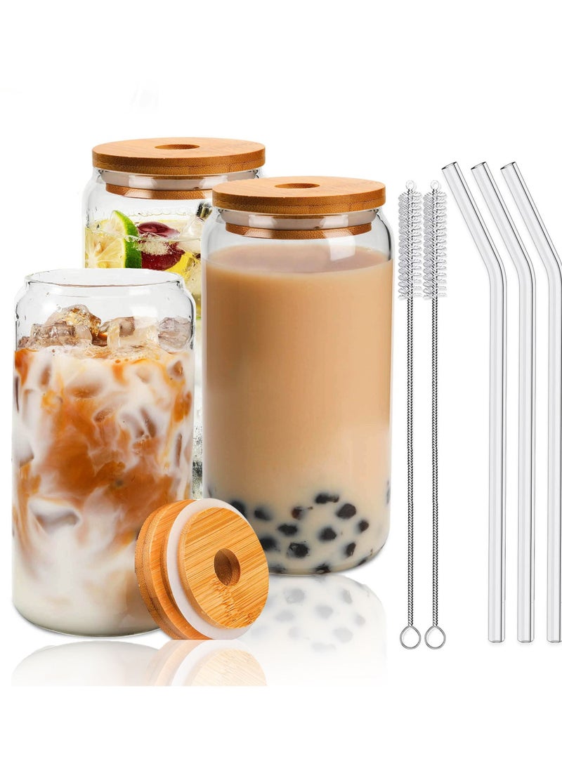 3 Pcs Drinking Glasses with Bamboo Lids and Glass Straw Set