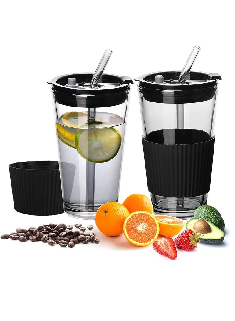 Tumbler with Lid and Straw, Leakproof Glass Cups Lids Straws, 3-Way to Drink Drinking Glasses, Iced Coffee Cup Silicone Sleeve Tumbler, Boba for Travel Office Home Picnic (black)