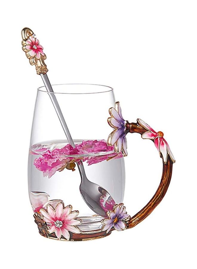 Butterfly Flower Themed Cup With Spoon Clear