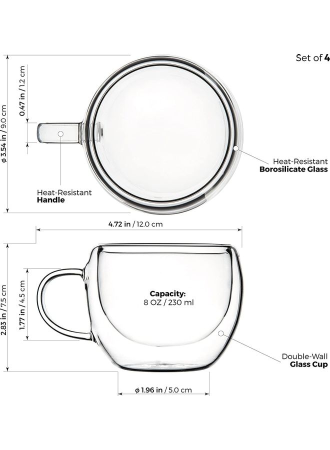 Set Of 4 Double Wall Glass Cups Clear 230mm