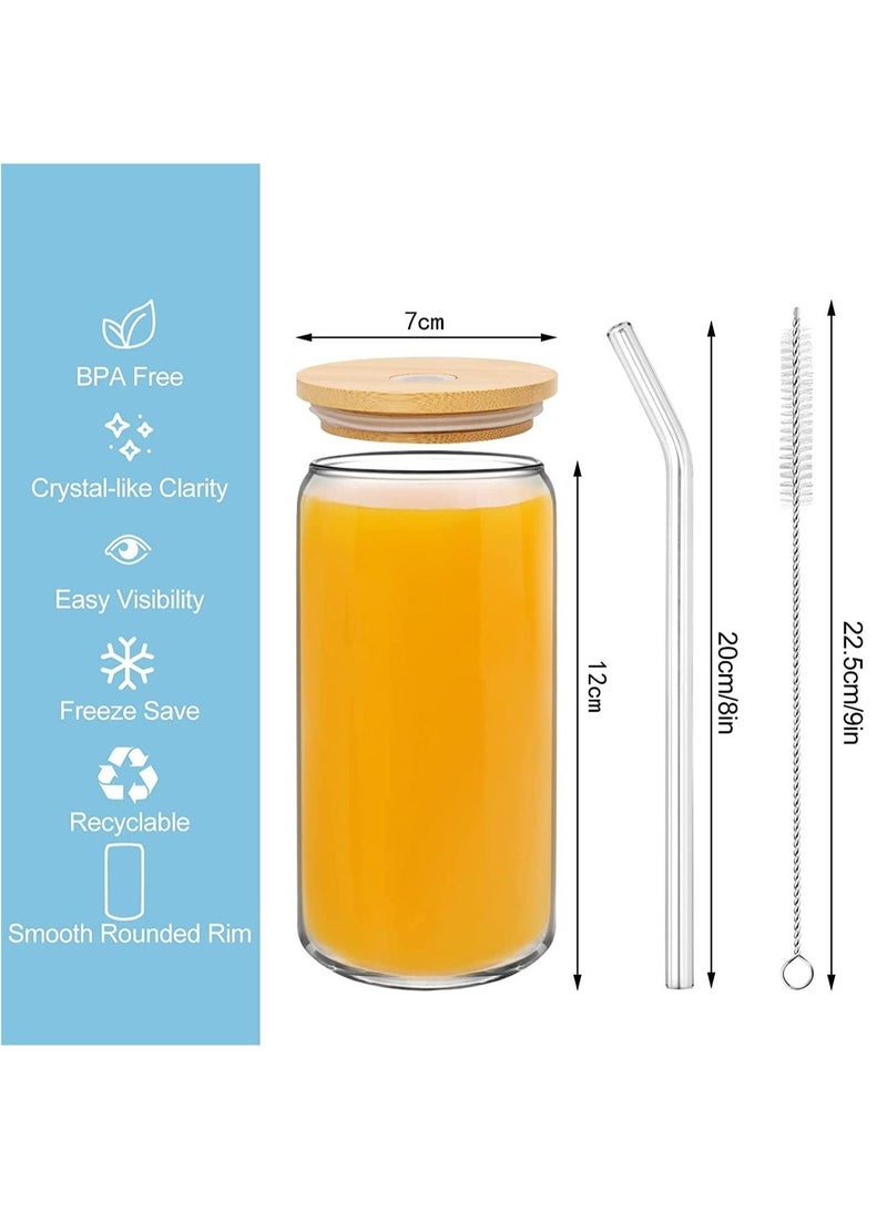 Drinking Glasses Can Shaped with Bamboo Lids and Glass Straw 3pcs Set - 16oz 600ml Coffee, Soda Glass, Beer Glasses, Iced Coffee Glasses, Cute Tumbler Cup, Heat-Resistant Drink Glass