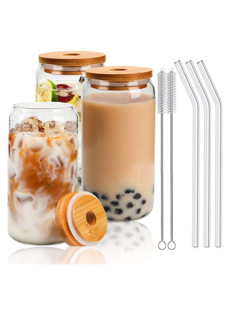 Drinking Glasses Can Shaped with Bamboo Lids and Glass Straw 3pcs Set - 16oz 600ml Coffee, Soda Glass, Beer Glasses, Iced Coffee Glasses, Cute Tumbler Cup, Heat-Resistant Drink Glass