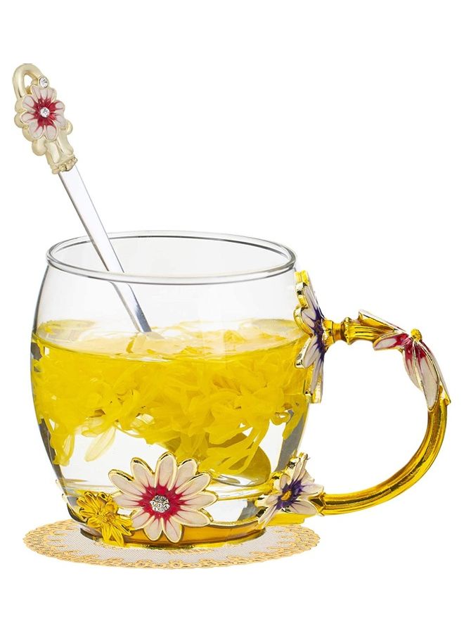 Flower Glass Mug With Steel Spoon Clear/Gold 250ml