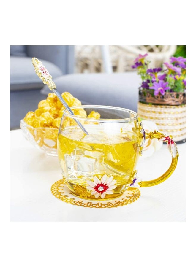 Flower Glass Mug With Steel Spoon Clear/Gold 250ml