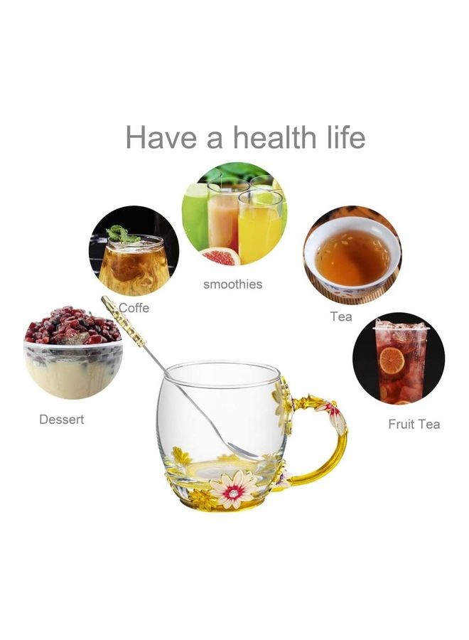 Flower Glass Mug With Steel Spoon Clear/Gold 250ml