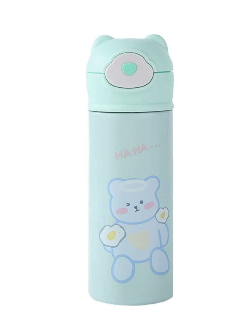 Kids Vacuum Insulated Water Bottle with Straw  14Ounce Leak Proof Stainless Steel Cute Little bear Thermos for Children Hot and Cold Drinks Travel Easy to Carry for Outdoor Travel BLUE