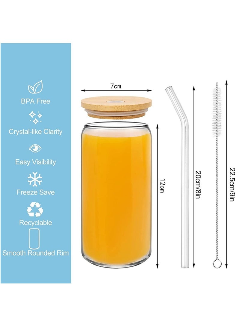 Drinking Glasses Can Shaped with Bamboo Lids and Glass Straw 2pcs Set - 16oz 600ml Coffee, Soda Glass, Beer Glasses, Iced Coffee Glasses, Cute Tumbler Cup, Heat-Resistant Drink Glass