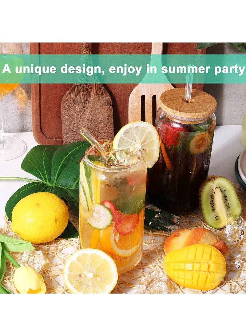 Drinking Glasses Can Shaped with Bamboo Lids and Glass Straw 2pcs Set - 16oz (600ml) Coffee Soda Glass Beer Glasses Iced Coffee Glasses Cute Tumbler Cup Heat-Resistant Drink Glass
