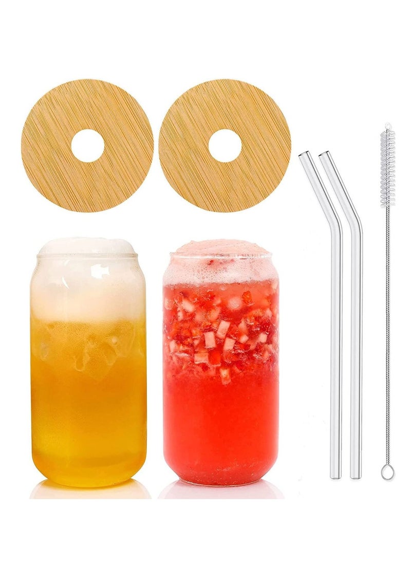Can Glass with Lids and Straw Can Shaped Glass Cups 16oz Glass Cups Drinking Glasses Iced Coffee Glasses Cup Smoothie Cups Tumbler Glass Reusable Boba Cup Drinking Glasses Set of 2