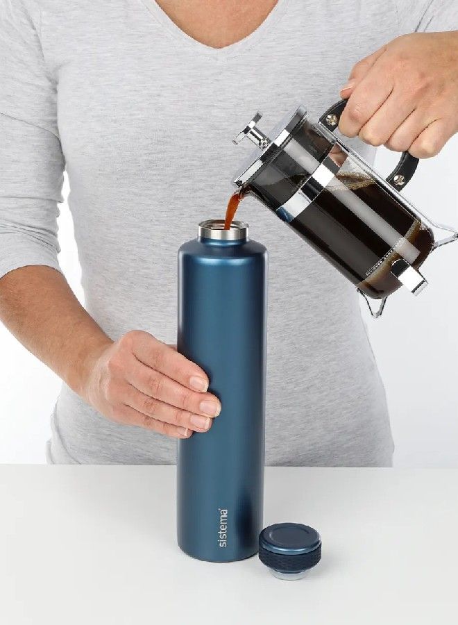 Sistema 600ML Chic Stainless-Steel Bottle, designed with double walled insulation and 100% Leak Proof to keep drinks Hot & Cool, BPA Free. Blue.